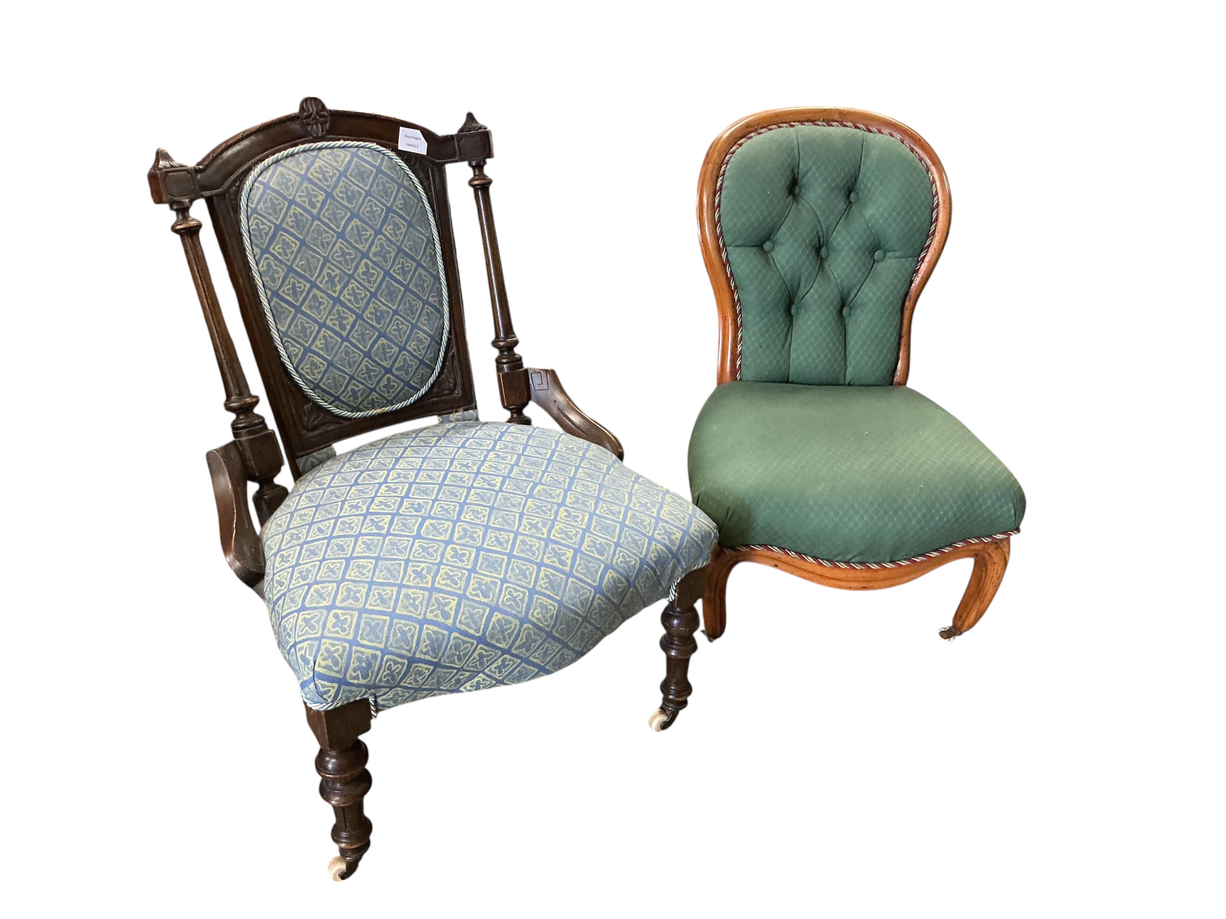 Two Victorian upholstered nursing chairs, larger width 56cm, depth 51cm, height 78cm